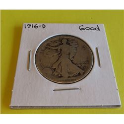 1916 D Good Grade Walking Liberty Half Dollar