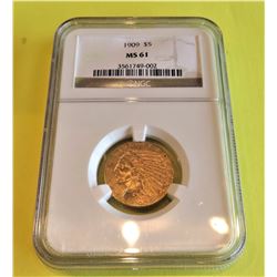 1909 MS 61 NGC $5 Gold Indian - Better Date