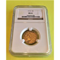 1913 MS 61 NGC $5 Gold Indian - Better Date