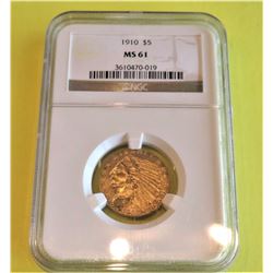 1910 MS 61 NGC $5 Gold Indian - Better Date