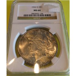 1922 s MS 64 NGC Peace Silver Dollar