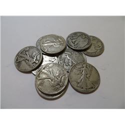 Lot of 10 Walking Liberty Half Dollars -90% Silver