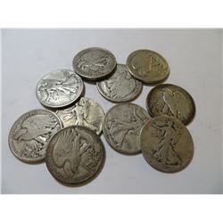 10 pcs. Walking Liberty Half Dollars 90% Silver