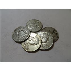 5 pcs. Franklin Half DOllars 90% Silver