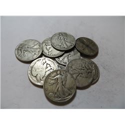 10 pcs. Walking Liberty Half Dollars 90% Silver
