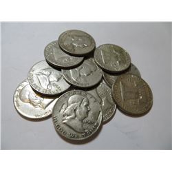 10 pcs. Franklin Half Dollars 90% Silver