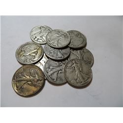 10 pcs. Walking Liberty Half Dollars 90% Silver