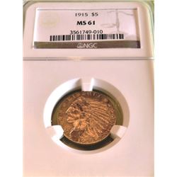 1915 MS 61 NGC $5 Gold Indian - Better Date