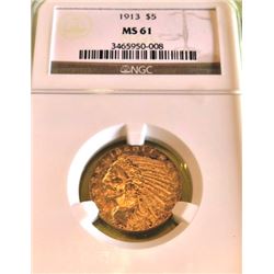 1913 MS 61 NGC $5 Gold Indian - Better Date