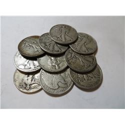 10 pcs. Walking Liberty Haflf Dollars 90% Silver