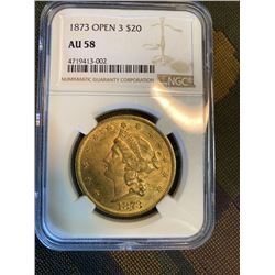 1873 Open 3  AU 58 $20 Gold Liberty Coin