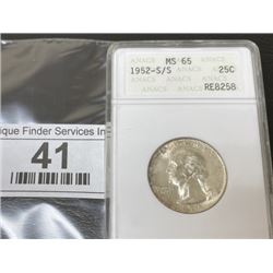 1952 S/S Key Date MS 65 Washingotn Quarter ANACS