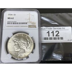 1934 MS 62 NGC Peace Silver Dollar