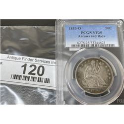 1853 o Arrows/Rays Seated Liberty 1/2 $1 VF25