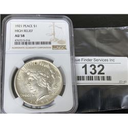 1921 Hi-Relief AU 58 NGC Peace Silver Dollar