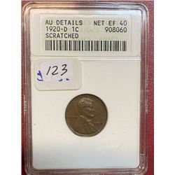 1920 D AU DETAILS ANACS Lincoln Wheat Cent