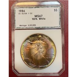 1986 MS 67 US Silver Eagle Rainbow Toned