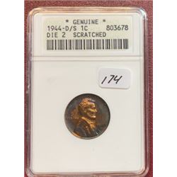 1944 D/S Wheat Cent DIE 2 Genuine