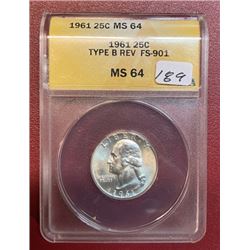 1961 T-B REV FS 901 Washington 25c MS 64 ANACS