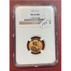 1947 d MS 65 RED Lincon Wheat Cent
