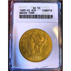 1883 Carson City AU 53 ANACS $20 Liberty KEY DATE