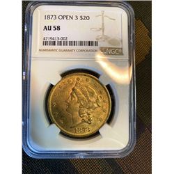 1873 Open 3  AU 58 $20 Gold Liberty Coin