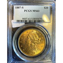 1887 S MS 61 PCGS $20 Gold Liberty Coin