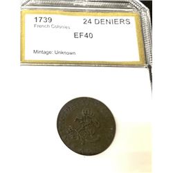 RARE 1739 French Colony 24 Deniers EF40