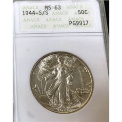 1944 S/S MS 63 ANACS Walking Liberty Half Dollar