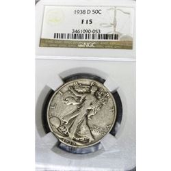 1938 D F 15 NGC Walking Liberty Half Dollar