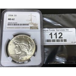 1934 MS 62 NGC Peace Silver Dollar