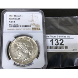 1921 Hi-Relief AU 58 NGC Peace Silver Dollar