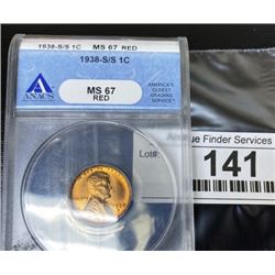 1938 S/S MS 67 RED Lincoln  Wheat Cent ANACS