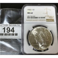 1922 MS 62 Peace Silver dollar NGC Slab