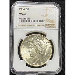 1934 MS 62 NGC Peace Silver Dollar