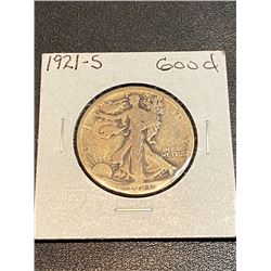 1921 S Good Walking Liberty Silver Half Dollar