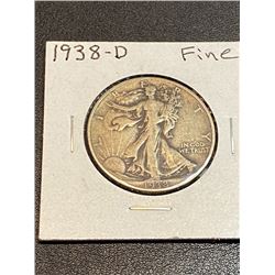 1938 D Fine Walking Liberty Silver Half Dollar