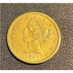 1881 $5 Gold Liberty Coin
