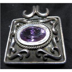 Large Sterling Silver Pendant w/ Amethyst Gem