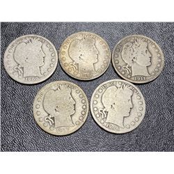 Lot of 5 Barber Half Dollars