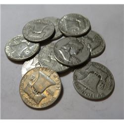 10 pcs Franklin Half Dollars 90% Silver