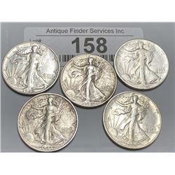 Lot of 5 VF-AU Grade Waking Liberty Halves