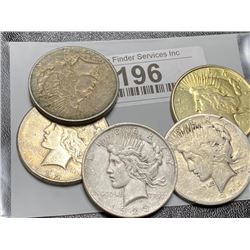 5 pcs. Peace Silver Dollars Mixed Dates and Grade