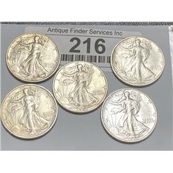 (5) VF-AU Grade Walking Liberty Half Dollars
