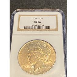 1934 s AU 50 NGC Peace Silver Dollar