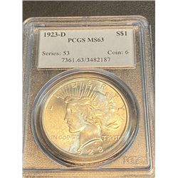 1923 D MS 63 PCGS Peace Silver Dollar