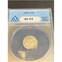 1912 AU 53 ANACS Blue Label Barber Dime