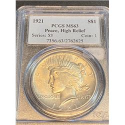 1921 Hi-Relief Peace Silver Dollar MS 63 PCGS