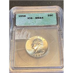1958 MS 64 ICG Washington Quarter Dollar