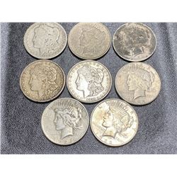 Lot of 8 US Silver Dollars - Mixed Morgan n Peace